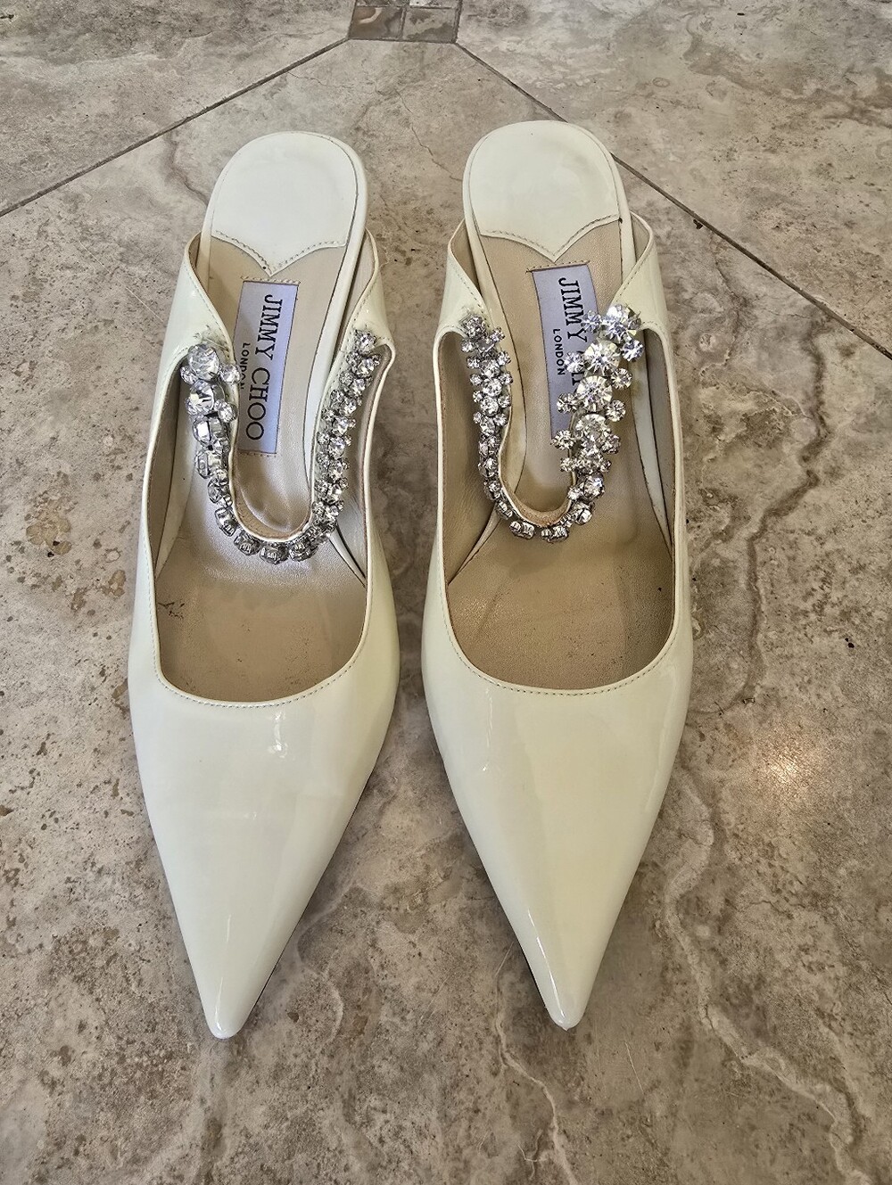 Jimmy Choo Bing 65 Beige/yellow Patent Leather Mules With Crystal Straps Size 39